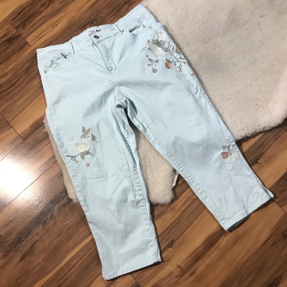 Light Blue Embroidered Ankle Jeans